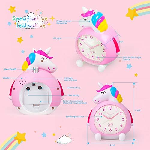 BEW Unicorn Alarm Clock for Kids, Loud Music Ringtones Snooze Alarm