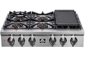 FORNO Spezia 36" Inch. Drop-In Range Top with 6 Sealed Dual Brass Burners - Stainless Steel Stove Top Heavy Duty Continuous Cast Iron Grates with Auto-ignition, Griddle, Wok-Ring and LP conversion
