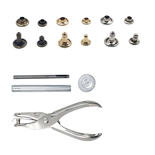 Gnognauq 240 Set 2 Sizes Leather Rivets Double Cap Rivet Tubular Metal Studs with 3 Pieces Setting Tool Kit and Punch Pliers for Leather Craft, Rivets Replacement,3 Colors