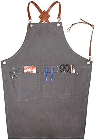 Adjustable Denim Bib Apron, Work Smock Jean Apron for Men & Women with Pocket & Cross-Back Straps for Salon Barber Hairdressers BBQ Grill Housewife (Grey C Type)