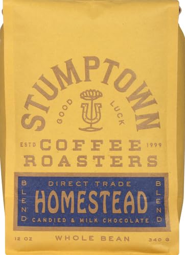 STUMPTOWN COFFEE ROASTERS, MEDIUM ROAST WHOLE BEAN COFFEE – HOMESTEAD BLEND 12 OUNCE BAG WITH FLAVOR NOTES OF MILK CHOCOLATE, CHERRY AND ORANGE
