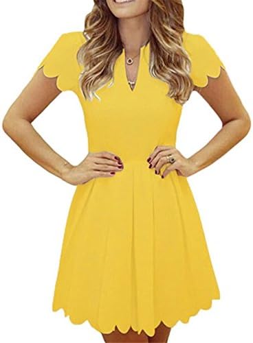 Swimblue Women Cute V Neck Sweet Scallop Pleated Skater Dress YellowX-Large