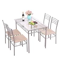 BWM.Co 5 Piece Dining Table Set Tempered Glass Top Table w/ 4 Upholstered Chairs Kitchen Furniture