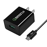 [Qualcomm Certified] Coocheer Quick Charge 2.0 12w USB Turbo Wall Charger Fast Charger for Samsung Galaxy S6, S6 Edge and More w/ 20awg 3.3ft Micro USB Cable - Black