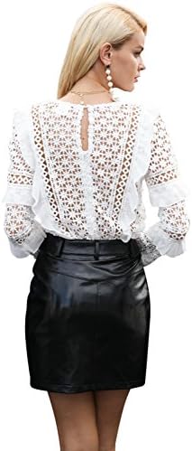 Simplee Women's Hollow Out Lace Blouse Shirt Tops Long Sleeve with Ruffles White