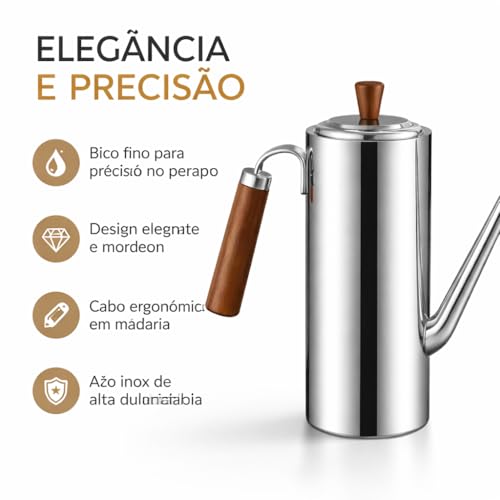 Bule de Inox 304 Premium Bico Fino Filtro e Cabo de Madeira Sofisticado para Café e Chá Gourmet (700, Millilitros)