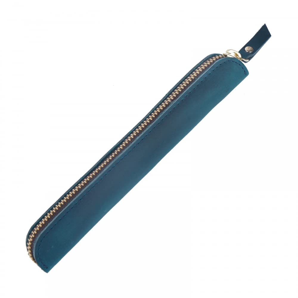 MiOYOOW Leather Pen Case, Head Layer Cowhide Pencil Pouch Retro Slim Pen Holder with Retaining Strap for Office College Travel