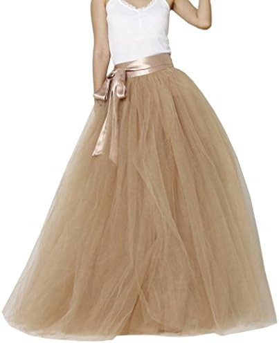 Women Long Maxi Puffy 5 Layers Tulle Skirt Floor Length A Line with Bowknot Belt High Waisted for Wedding Party Evening