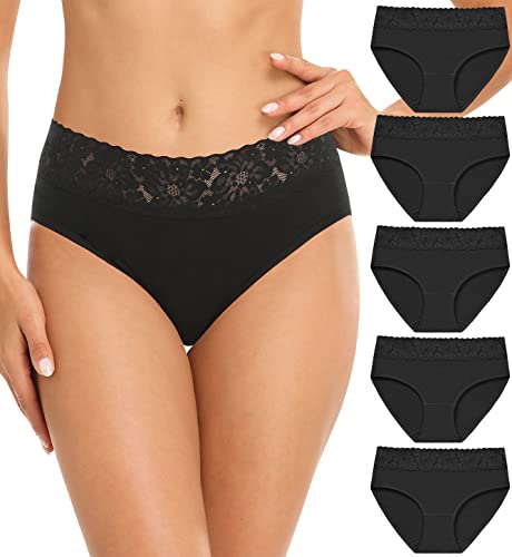 Wealurre Damen Unterhosen Baumwolle Slip Damen Unterwäsche Spitze Unterwäsche Frauen Höschen 5er Pack (6004 Black,M) thumbnail 1