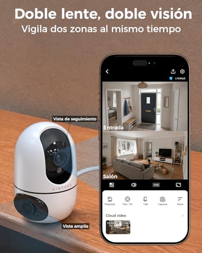 VIRTAVO XD1 Indoor WiFi Surveillance Camera 1080P Dual Lens, 2 Views in 1 Screen, Night Vision, Smart Tracking, Two-Way Audio, PTZ 360° for Baby/Pets/Home Security