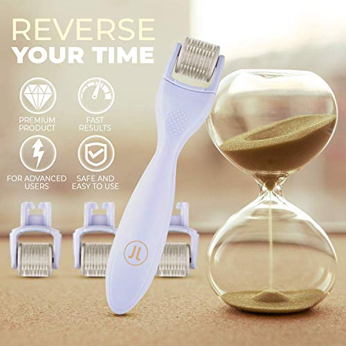 Derma Roller Microneedle Skin Care Kit for Face and Body with FOUR Professional Grade 0.25 mm Titanium Replacement Dermaroller Heads, 3 Disinfecting Cups, and Case - Face Roller Dermaplaning tool