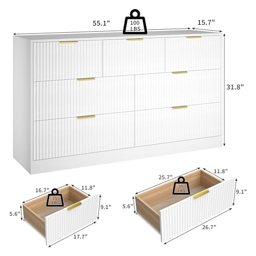BAZELOR Dresser for Bedroom with 7 Drawer, 55” Wide White Dresser Modern Chest of Drawers with Metal Handle, Wooden TV Stand Storage Organizer for Entryway,Living Room, White