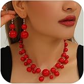YNZGYBY Large Red Beaded Necklace Earrings for Women Chunky Y2k Beads Choker Jewelry Set Fashion Costume Outfit Choker Necklaces Dangling Statement Earring