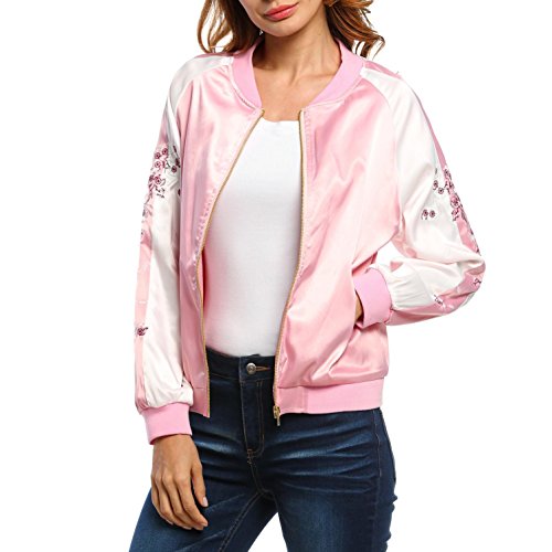 Women Bomber Jacket Floral Embroidered Short Satin Bomber Jacket