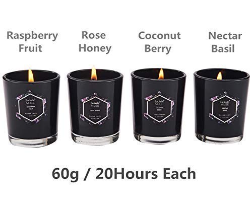 LA JOLIE MUSE Votive Scented Candles Gift Set - 4 Mini Natural Soy Wax Cobalt Blue Glass Candle, Coconut Berry/Rose/Raspberry/Basil - Thumbnail 5