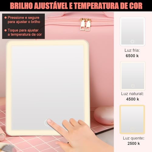 Gavzrt 26 * 23 * 10 cm Bolsa de Maquiagem com Espelho e Luz LED de 3 Cores, Maleta Organizadora Makeup Case Portátil, Bolsa de Maquiagem Grande de Viagem, Organizador de Maquillaje, Carregamento USB