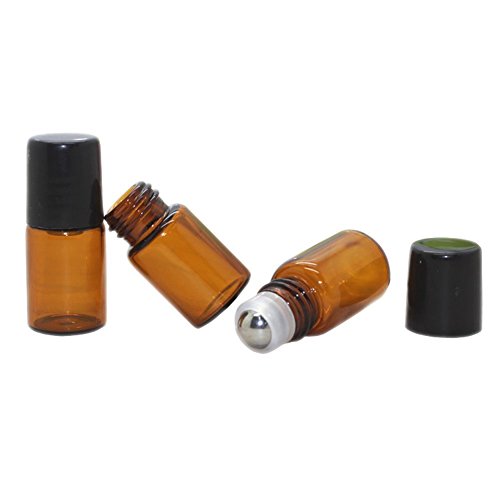 2ML 6PCS Essential Oil Glass Roller Bottles Mini Tiny Refillable Empty Aromatherapy Perfume Liquid Amber Glass Roll On Bottles Vials Metal Rollerball Bottles Jar
