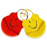 Waterproof Silicone Baby Bibs Easily Rinse Clean & Air Dries Fast! Set of 2 With Food Catcher Pocket-Yellow & Red