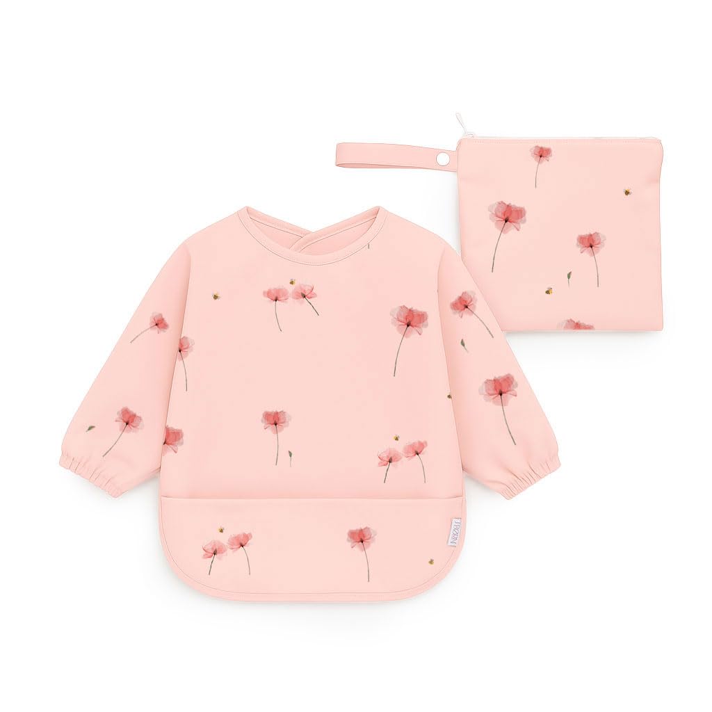 J.Børn BLW Long Sleeve Baby Feeding Bib 6-12M - Waterproof Coverall Weaning Bibs + Free Matching Storage Bag for Baby Led Weaning (Poppy Flowers)