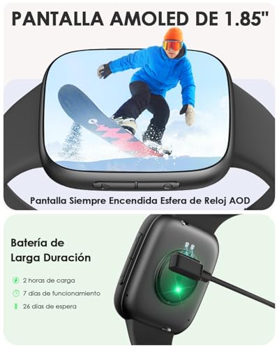 E T EASYTAO Smartwatch, Pantalla AMOLED de 1.85", Resistencia al Agua 3 ATM, Llamadas Bluetooth, Reloj Inteligente Hombre, 100+ Modos de Entrenamiento, Control por Voz, Negra