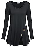 Faddare Long Sleeve Split Tunic, Womens Crew Neck Solid Color Buttons Side Casual Shirts,Black XL