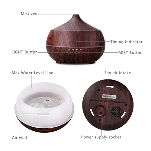 Tenswall Aromatherapy Essential Oil Diffuser, 400ml Aromatherapy Diffuser Ultrasonic Cool Mist Humidifier, Auto Shut-Off, 4 Timer Settings,7 Color LED Lights Changing for Office Home Baby