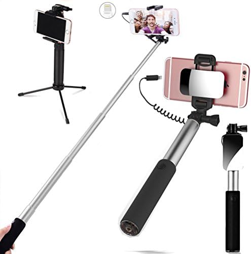 Selfie Stick with iPhone Lightning Wire Control Extendable Compact Handheld Tripod with Mirror HD Rear Camera Shooting for iPhone X 8 8Plus 7 7Plus 6 6S Plus (iPhone Lightning Connector Silver)