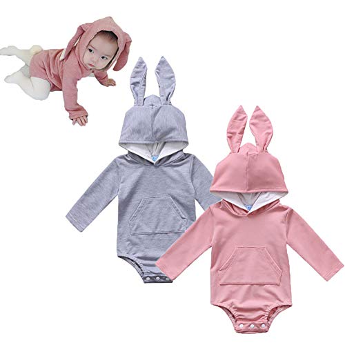Baby Boys Girls Easter Romper Long Sleeve Bunny Hoodies Top Bodysuit Jumpsuit Cartoon Clothes (Grey, 18-24M)