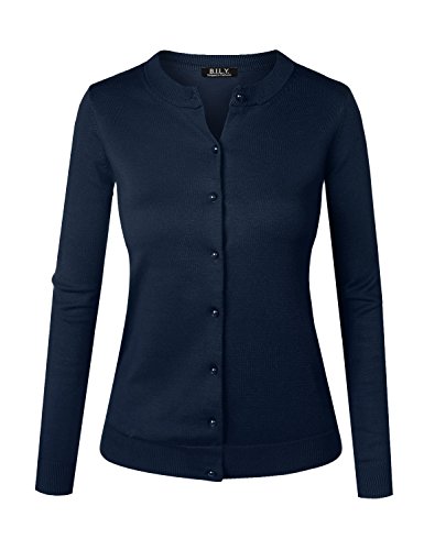 BILY Women's Unique Button Long Sleeve Soft Knit Cardigan Sweater Navy Medium