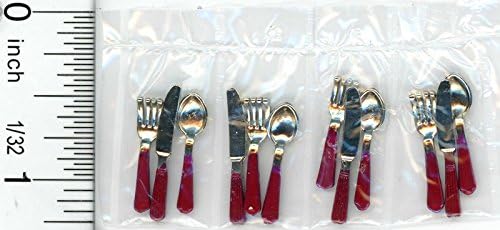Dollhouse Miniature Silver Silverware, Cutlery or Flatware w/ Red Handle for 4 by Barb