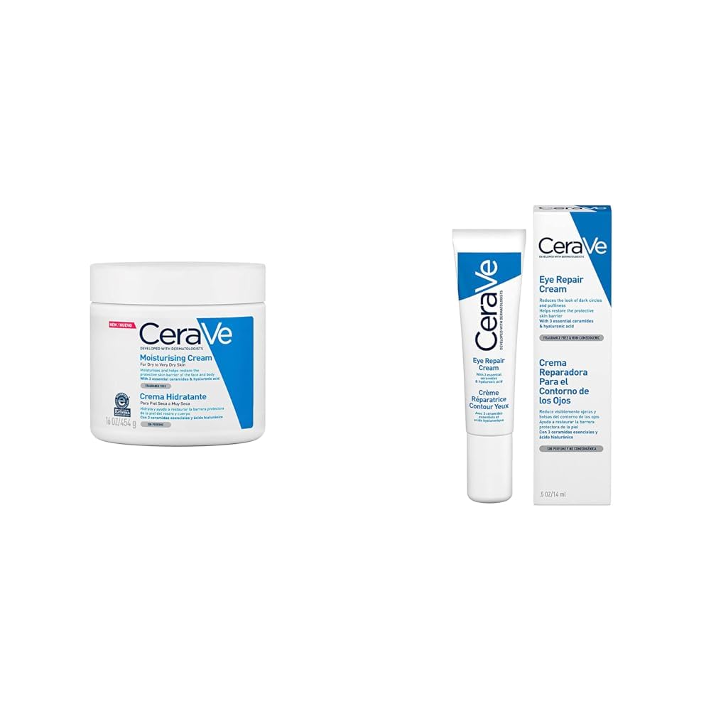 CeraVe Moisturising Cream | 454 g/16 oz | Daily Face, Body & Hand Moisturiser for Instant & Long-Lasting Hydration & Eye Repair Cream | 14 ml/0.5 oz | Eye Cream for Dark Circles & Puffiness