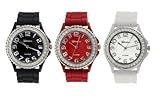 Platinum Silicone Band CZ Watch Set (Black, White, Red)