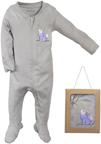 Wild Baby Organic Cotton Zipper Baby Footie with Gift Box (3-6 Months, Wolf)