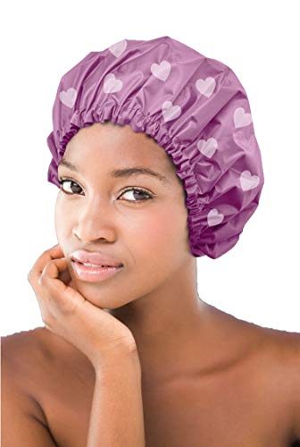 Large Satin Lined Shower Cap- Adjustable, Waterproof, Satin Interior for Hair Protection, Designed for Large, Long, or Natural Hair, Reusable Cap by Glow by Daye (Pink Hearts/Lavender