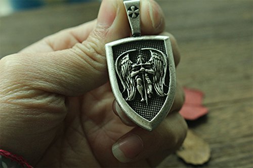 HANDMADE JEWELLERY - Viking Necklace Archangel St.Michael Protect Me Saint Shield Protection Pendant Jewelry -Gift for Men - Women - Adult - Luxury Gift (Silver)