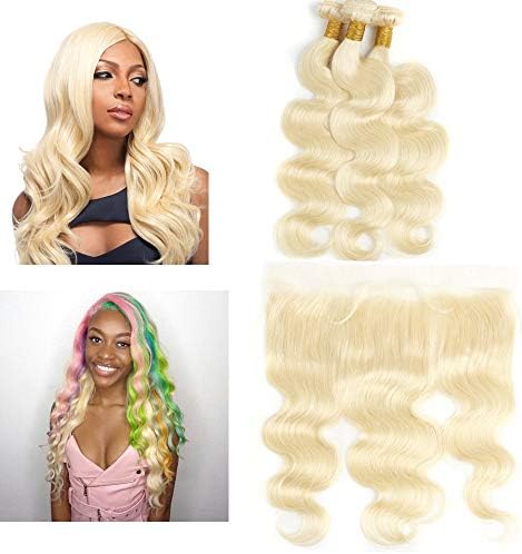 Queen Plus Hair 613 Blonde 3 Bundles with Lace Frontal Closure Body Wave Brazilian 613 Frontal Closure 13x4 Ear To Ear with Baby Hair Blonde Bundles with Frontal (12 14 16+10inch)