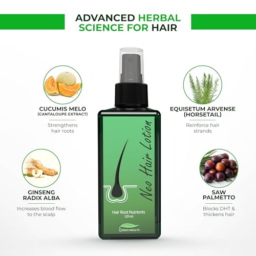 Green Wealth Neo Hair Lotion for Hair Loss Treatment | Hair Regrowth | Thinning, Bald Spots & Hair Fall | Trusted Formula with Ginseng, Saw Palmetto & Horsetail | 120ml