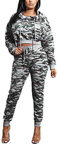 Women's Casual Long Sleeve Pullover Hooded Sweatshirts Army Camo Hoodie Set Jumpsuit (Gray, Large)