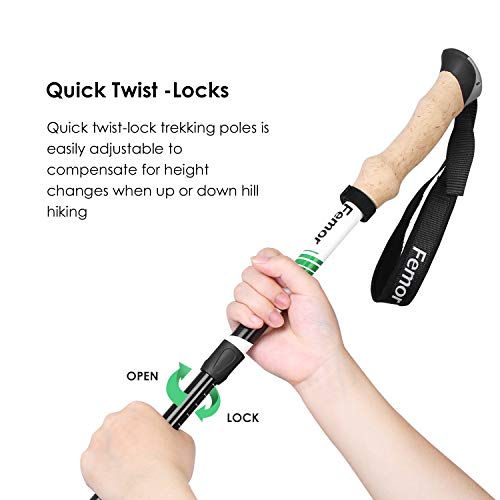 femor Trekking Poles, Trail Poles, Quick Stick, Lightweight Carbon Fiber Aluminum Cork Grip for Hiking, Climbing, Backpacking with 4 Terrain Accessories, Men and Women.
