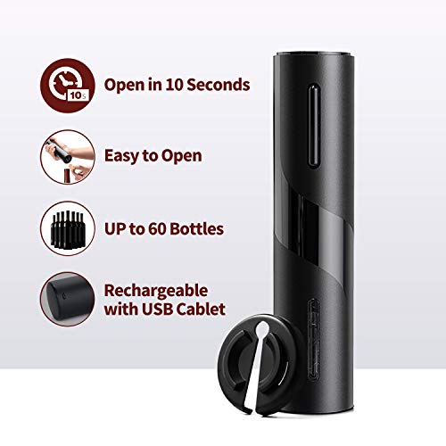 Electric Wine Opener, 5-in-1 Rechargeable Automatic Wine Bottle Cordless Corkscrew Set with Wine Foil Cutter, Wine Vacuum Saver Stopper, Aerator Pourer & USB Charging Cable, Wine Lovers Kit Set