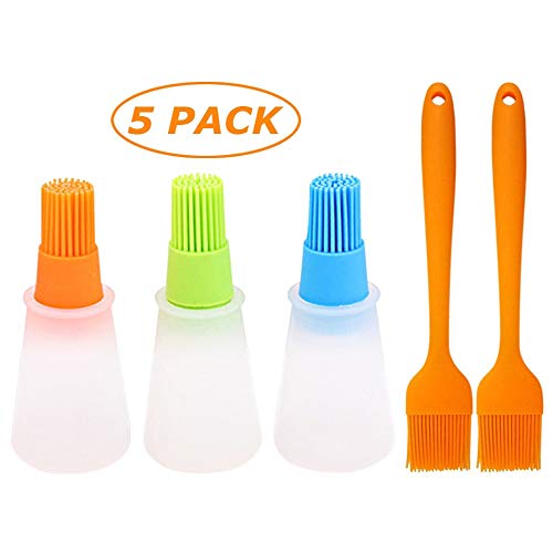 Oil Bottles and Brushes, 3 Silicone Oil and Sauce Bottles with Brushes and 2 Basting Brushes for Barbecue, Roasting, Baking and Grilling