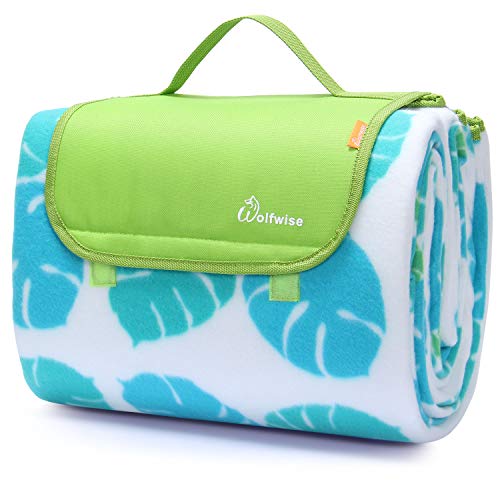 WolfWise 79"x79" XXL Picnic Blanket Extra Large Fleece Beach Mat with Waterproof Backing Anti Sand, Green Small Monstera