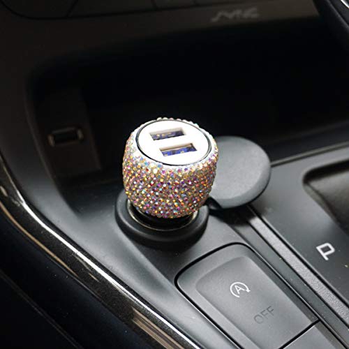 Royalfox 3D Bling Diamond Rhinestone Handmade Dual USB Car Charger Designed for Apple and Android Devices,car Charger Bling, Car Bling Accessories for Women Girl (Colorful)