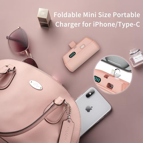 SMALL PORTABLE CHARGER FOR IPHONE/TYPE-C DUAL PLUG CONNECTOR 5000MAH FOLDABLE POWER BANK MINI PLUG-IN BATTERY PACK BACKUP CHARGER COMPATIBLE WITH IPHONE15/15PRO MAX/IPHONE 14/13 SERIES (BLACK+WHITE)