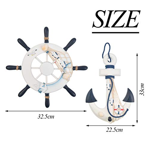 BUYGOO 2 Pack Nautical Decor 13" Wooden Ship Wheel and Wood Anchor with Rope Nautical Boat Steering Rudder Wall Decor Door Hanging Ornament Beach Theme Home Decoration