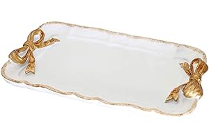 Warmtree Vintage Jewelry Organizer, Decorative Tray for Jewelry, Towel, Storage, Rings, Bracelets, Earrings, Cosmetics, Retro Design, Bow Decor Resin Plate Coquette for Room Decor, White