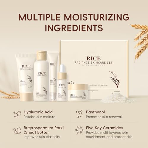 LAIKOU Rice Face Care, Pack of 5 Skin Care Women's Face Set, Travel Size Skincare with Facial Cleanser, Rice Toner, Eye Cream, Serum Moisturising Cream, for Daily Moisture & Care