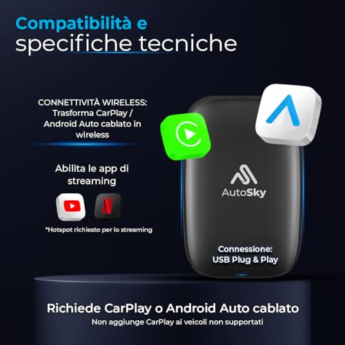 AutoSky Wireless CarPlay and Android Auto AI Box Lite for Car CarPlay Wired Factory - Supports Netflix YouTube and Gmail - Go Wireless with All the Features of Wired CarPlay and Android Auto