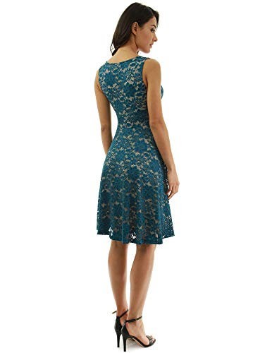 PattyBoutik Women Floral Lace Overlay Fit and Flare Dress (Teal and Beige Small) - Thumbnail 3