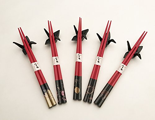 Japanese Traditional Chopsticks Set with Origami Crane Chopsticks Rest 5 Matching Pair Assorted Colors Chopsticks Set Dining Table Starter Kit Beautiful Gift Item Nicely Packaged (Black/Red) - Thumbnail 5